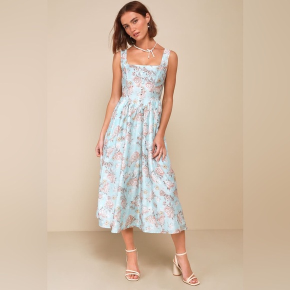 Lulus Dresses & Skirts - Lulus Darling Adoration Floral Midi DressSz  XL Pockets Square Neck Basque Waist